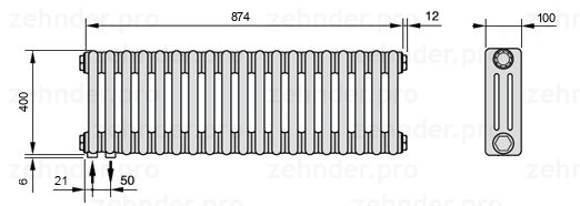 Схема (чертеж) Радиатор Zehnder Charleston 3040/19 №3370 Белый глянцевый RAL 9016
